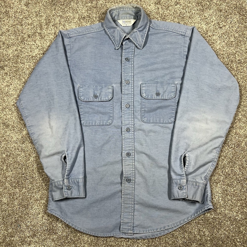 Vintage 70s 80s Five Brother Blue Flannel Chamois Button Shirt Made In USA Sz M